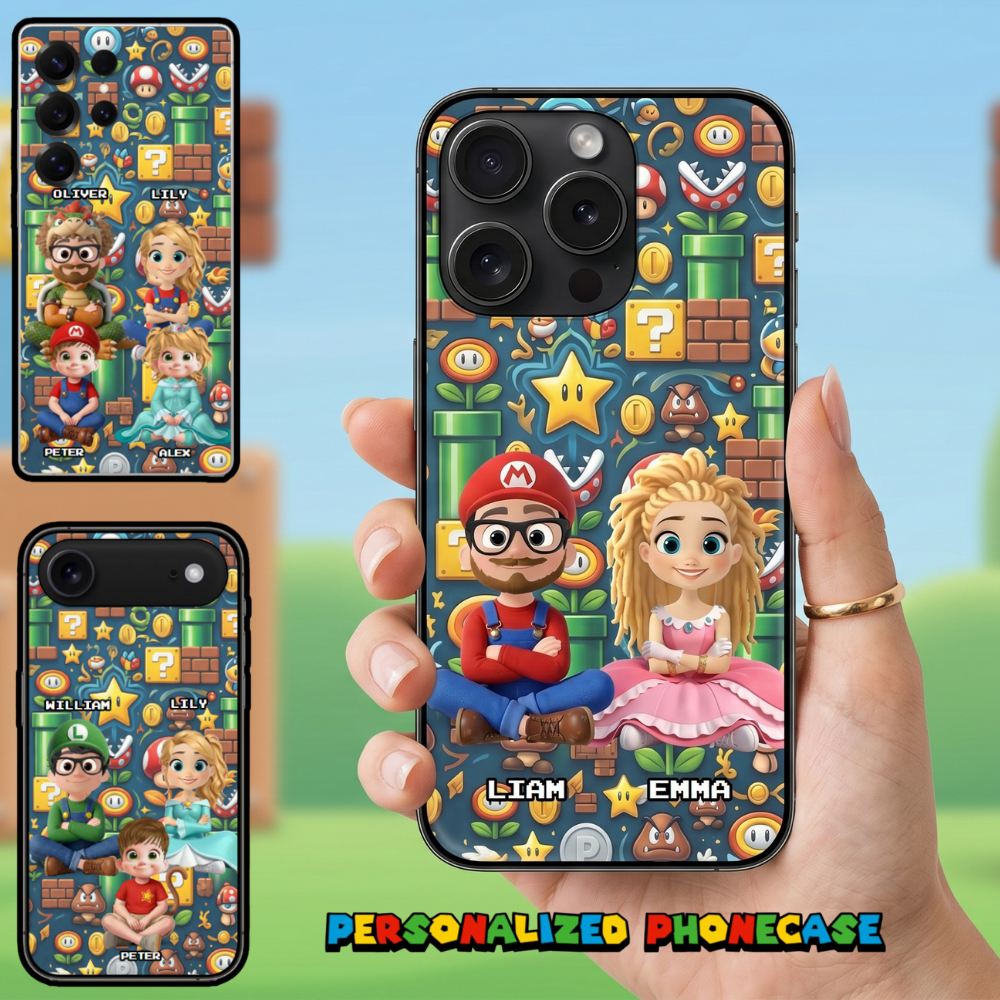 Phone case Family. Super Mommio & Super Daddio & Kids. Up to 3 Kids Pattern Background Personalized Custom Phone Case