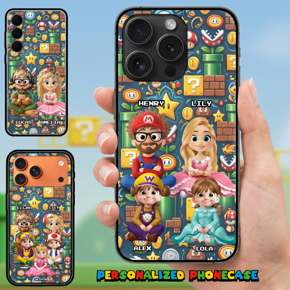 Phone case Family. Super Mommio & Super Daddio & Kids. Up to 3 Kids Pattern Background Personalized Custom Phone Case