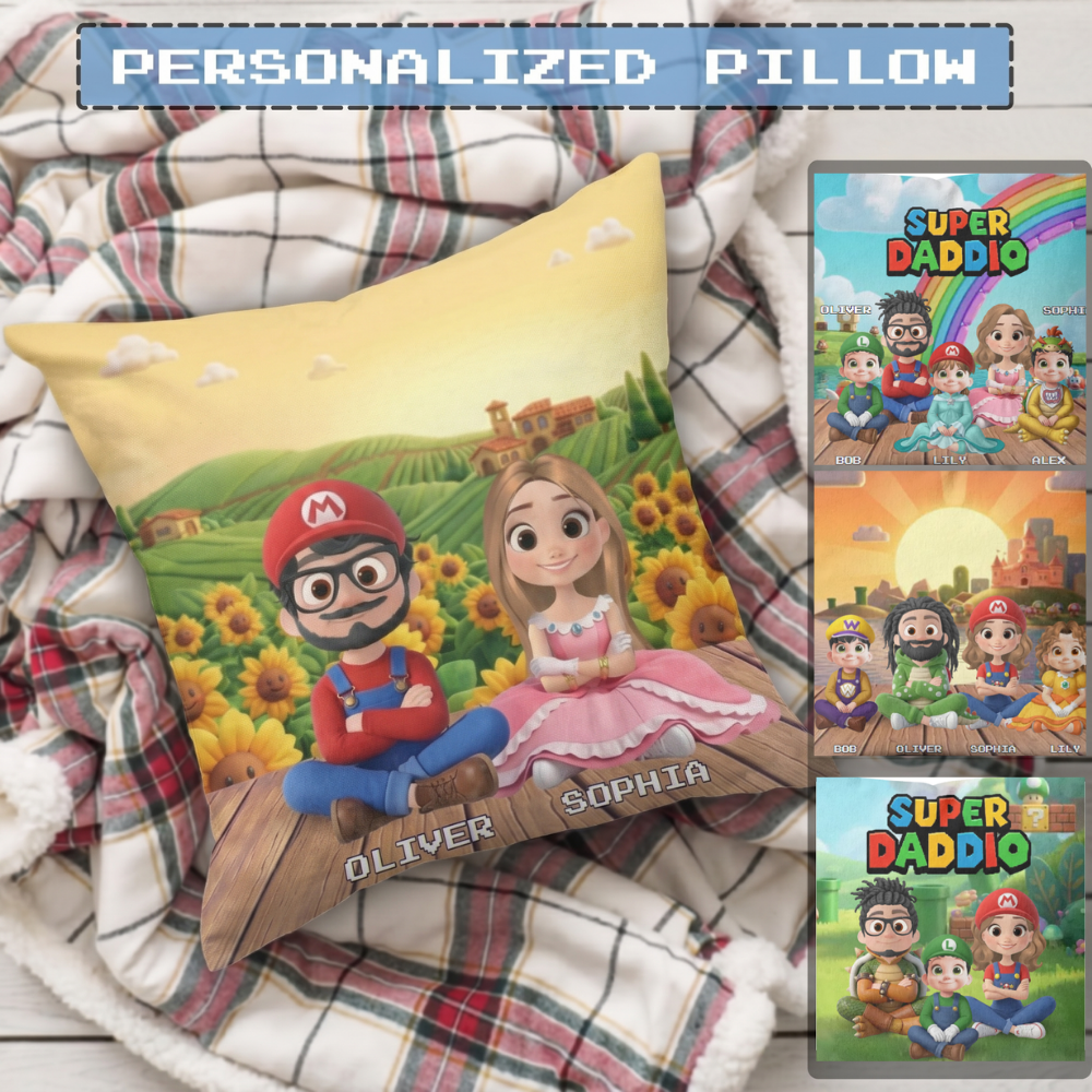 Pillow Family  - Super Mommio, Super Daddio & Kids (Up to 3 Kids) - Personalized Custom Pillow