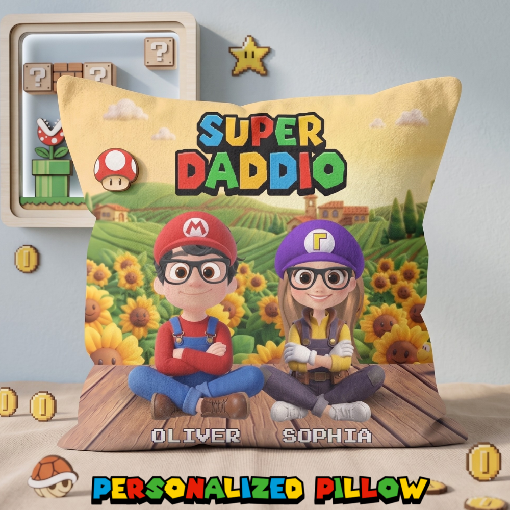 Pillow Family  - Super Mommio, Super Daddio & Kids (Up to 3 Kids) - Personalized Custom Pillow