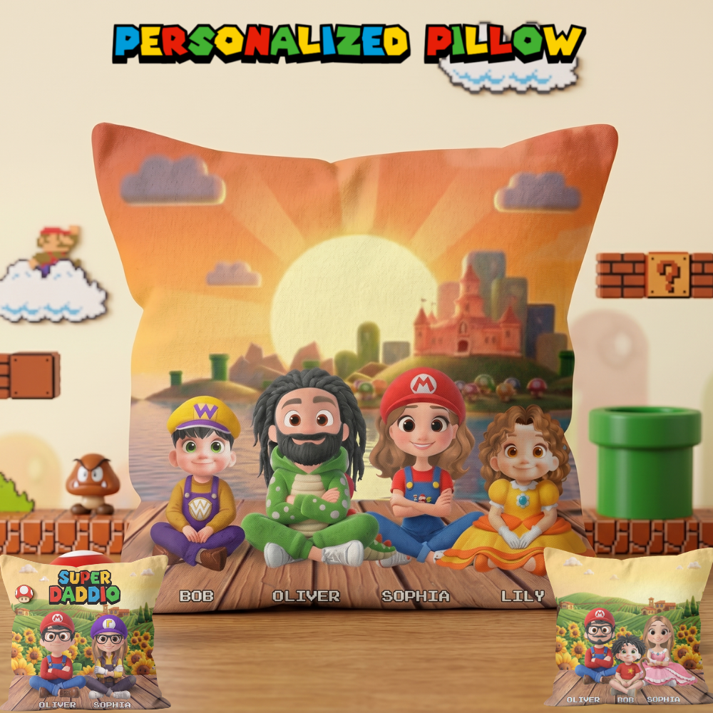 Pillow Family  - Super Mommio, Super Daddio & Kids (Up to 3 Kids) - Personalized Custom Pillow