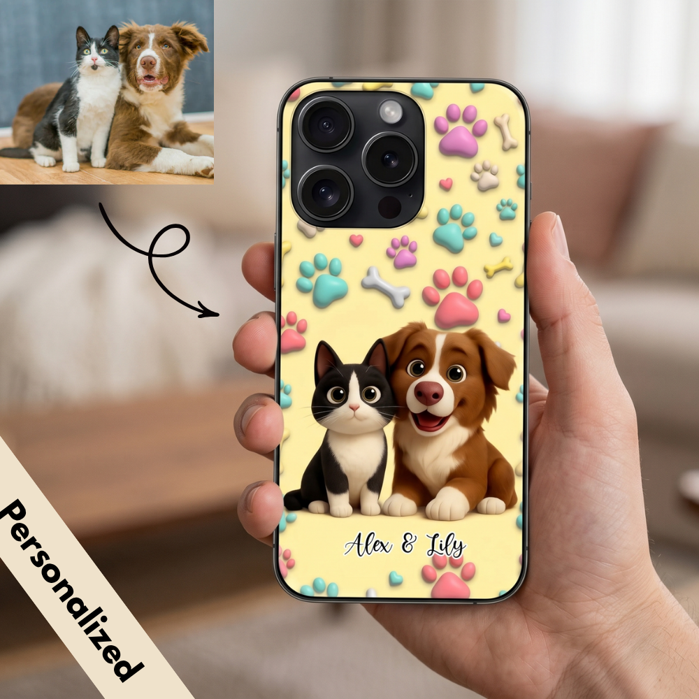 Upload Image to 3D Cute Style- 3D Pattern Background - Dog / Cat - Personalized Custom Phone Case - Up to 3 Images