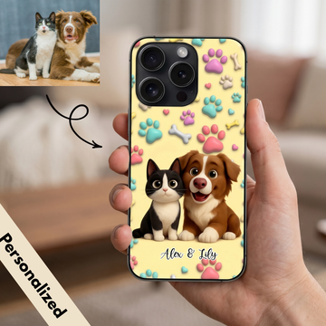 Upload Image to 3D Cute Style- 3D Pattern Background - Dog / Cat - Personalized Custom Phone Case - Up to 3 Images