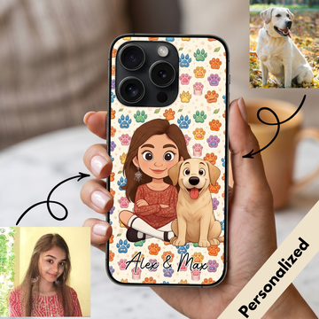 Upload Image to 2D Cute Style- Pattern Background - Dog / Cat /Pet And Mom - Personalized Custom Phone Case