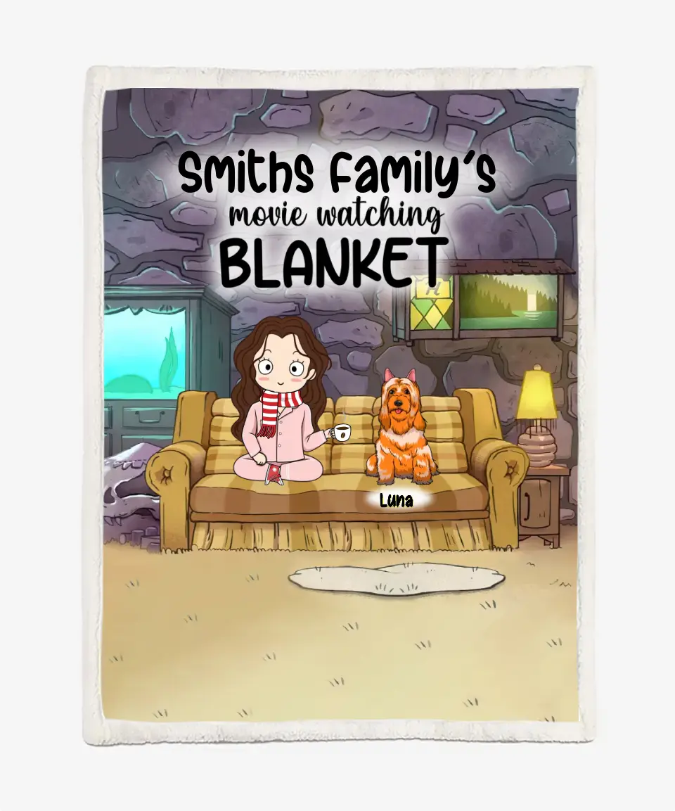 Custom Blanket/Quilt - Personalized Dog Blanket - Movie Watching Blanket Plus - Cat Blanket - Gift For Friends - Chibi Mom/Dad With Up To 5 Pets/Dogs/Cats