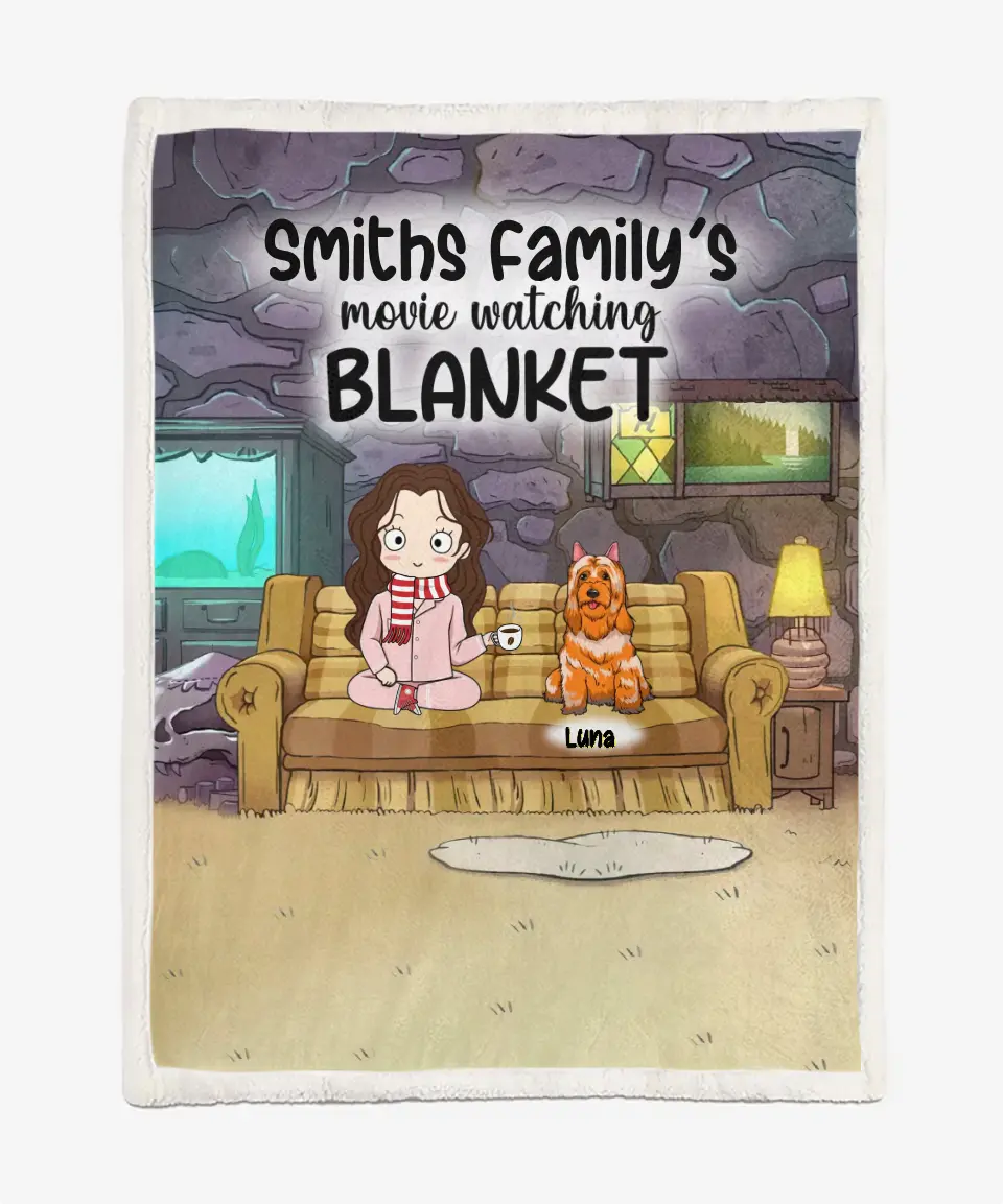 Custom Blanket/Quilt - Personalized Dog Blanket - Movie Watching Blanket Plus - Cat Blanket - Gift For Friends - Chibi Mom/Dad With Up To 5 Pets/Dogs/Cats