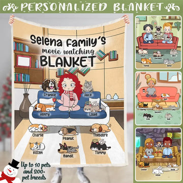 Custom Blanket/Quilt - Personalized Dog Blanket - Movie Watching Blanket Plus - Cat Blanket - Gift For Friends - Chibi Mom/Dad With Up To 5 Pets/Dogs/Cats