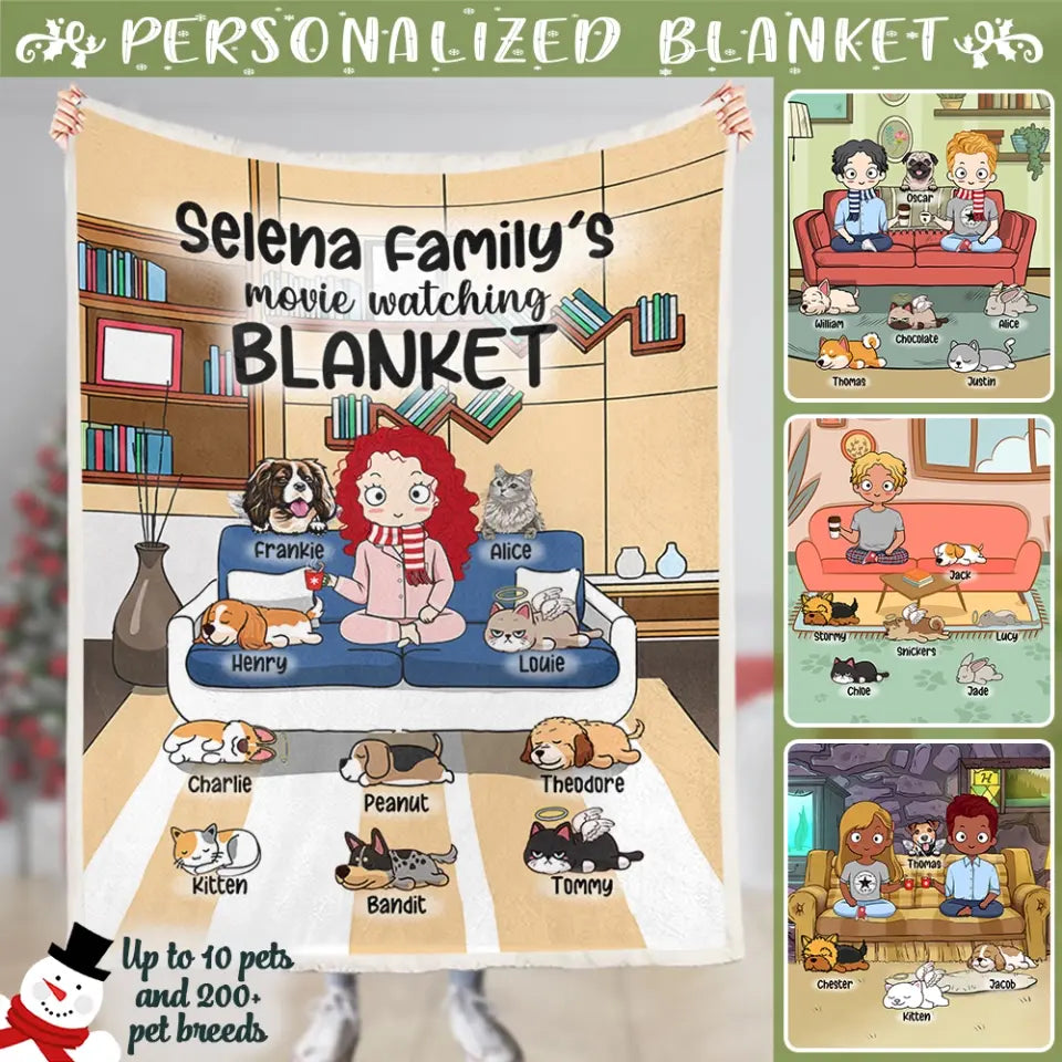 Custom Blanket/Quilt - Personalized Dog Blanket - Movie Watching Blanket Plus - Cat Blanket - Gift For Friends - Chibi Mom/Dad With Up To 5 Pets/Dogs/Cats