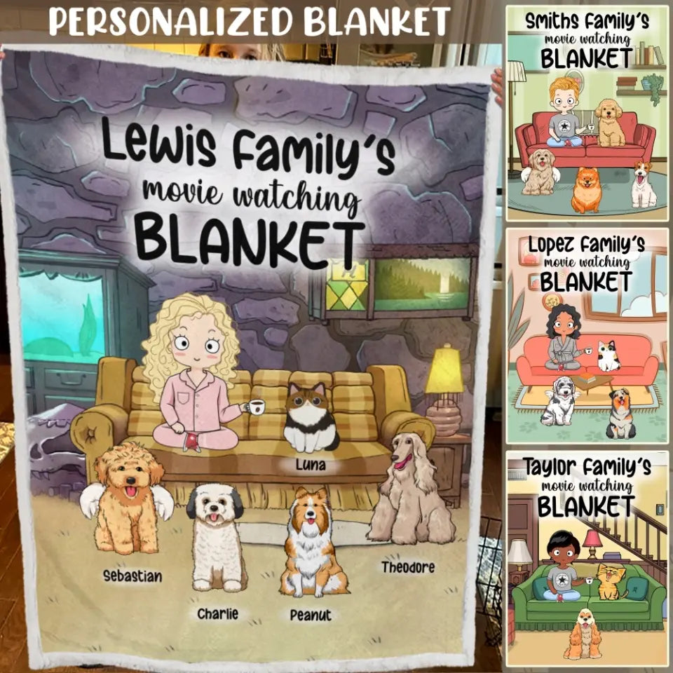 Custom Blanket/Quilt - Personalized Dog Blanket - Movie Watching Blanket Plus - Cat Blanket - Gift For Friends - Chibi Mom/Dad With Up To 5 Pets/Dogs/Cats