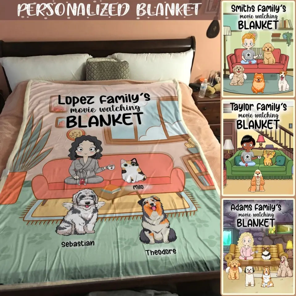 Custom Blanket/Quilt - Personalized Dog Blanket - Movie Watching Blanket Plus - Cat Blanket - Gift For Friends - Chibi Mom/Dad With Up To 5 Pets/Dogs/Cats