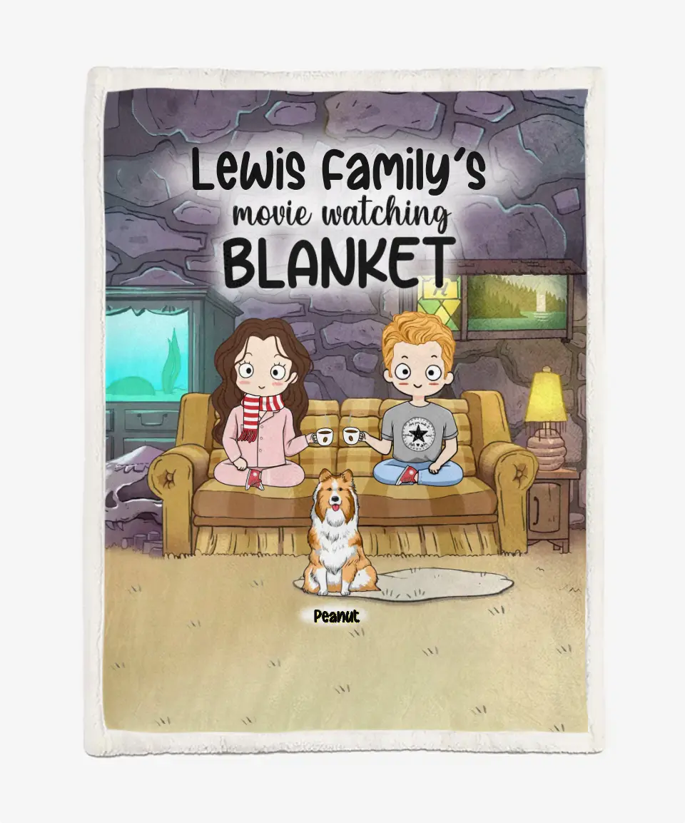 Personalized Dog Blanket - Cat Blanket - Custom Dog Blanket - Chibi Mom/Dad With Up To 5 Pets/Dogs/Cats - Movie Watching Blanket