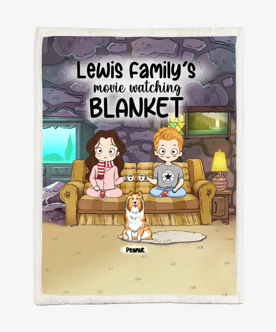 Personalized Dog Blanket - Cat Blanket - Custom Dog Blanket - Chibi Mom/Dad With Up To 5 Pets/Dogs/Cats - Movie Watching Blanket