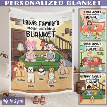 Personalized Dog Blanket - Cat Blanket - Custom Dog Blanket - Chibi Mom/Dad With Up To 5 Pets/Dogs/Cats - Movie Watching Blanket