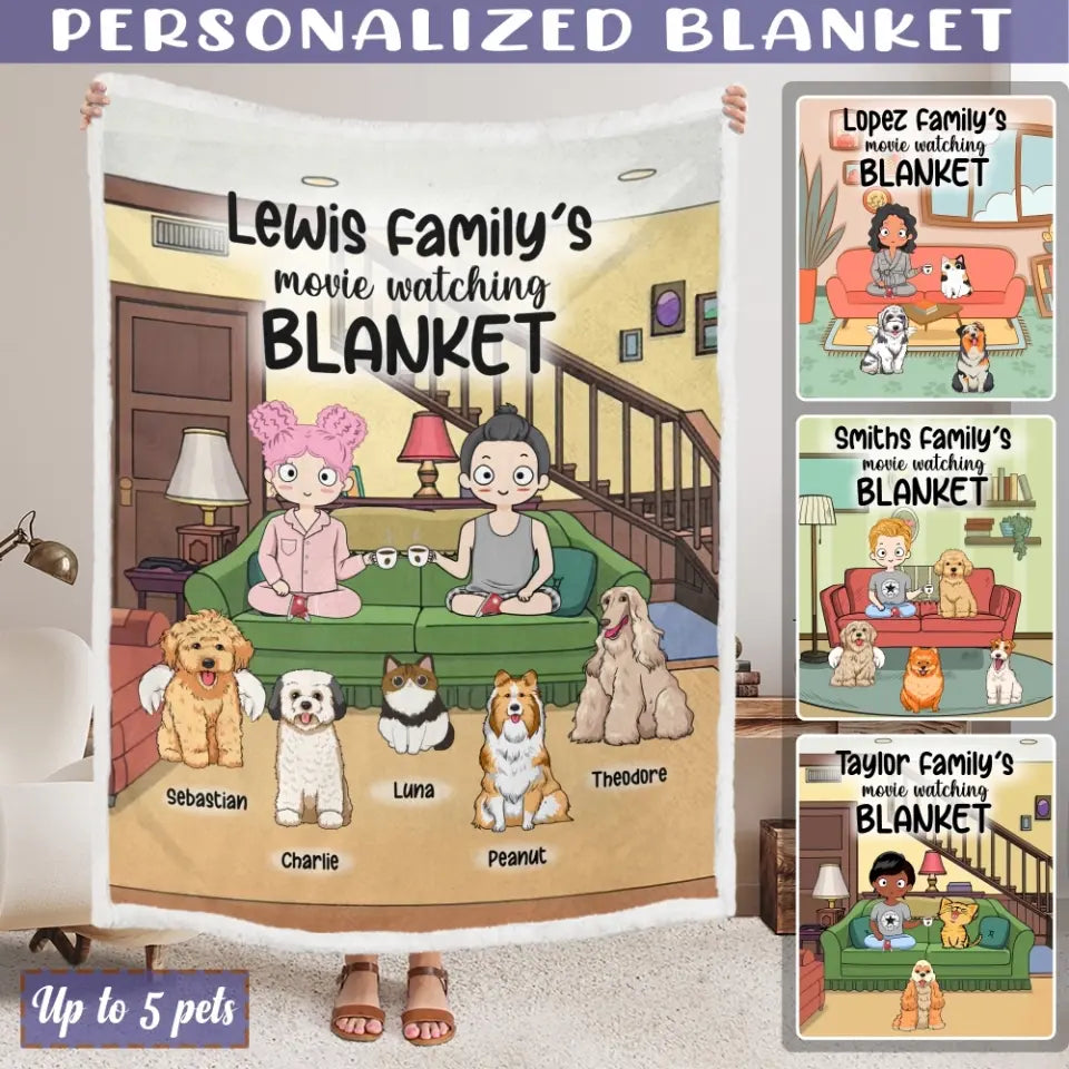 Personalized Dog Blanket - Cat Blanket - Custom Dog Blanket - Chibi Mom/Dad With Up To 5 Pets/Dogs/Cats - Movie Watching Blanket