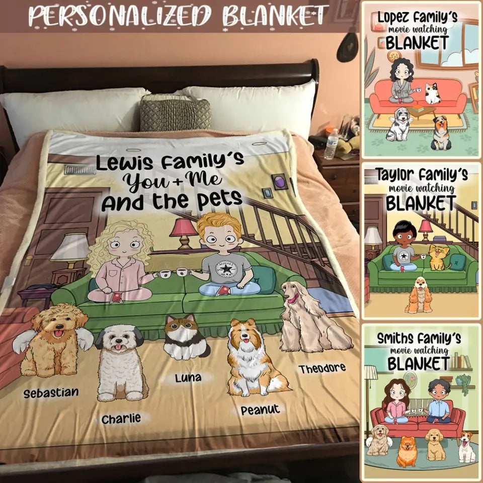 Personalized Dog Blanket - Cat Blanket - Custom Dog Blanket - Chibi Mom/Dad With Up To 5 Pets/Dogs/Cats - Movie Watching Blanket