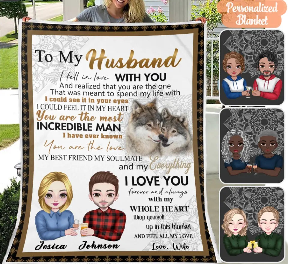 Personalized To My Husband Blanket From Wife - Wolf Couple Blanket - Chibi Husband And Wife Custom Name Blanket