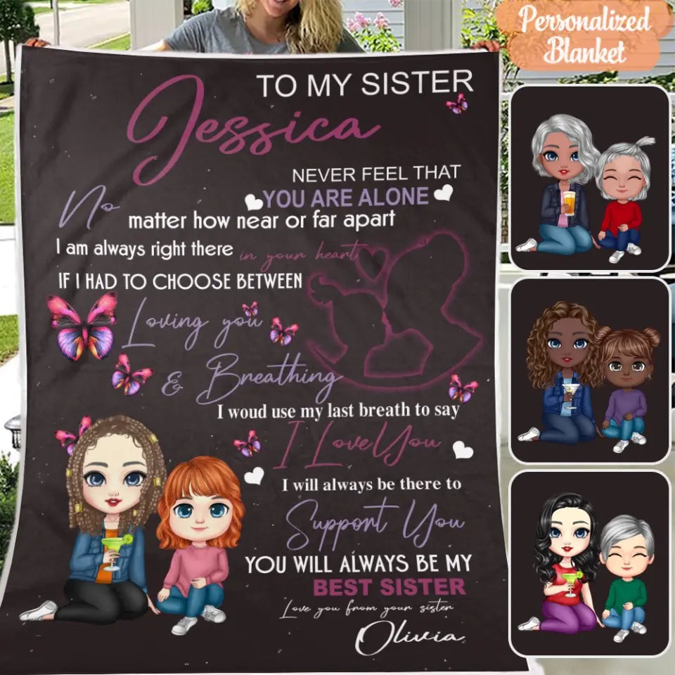 To My Sister Personalized Blanket for Sisters - Blanket Chi Bi 2 Sisters Sitting Next To Each Other - Blanket Custom Name