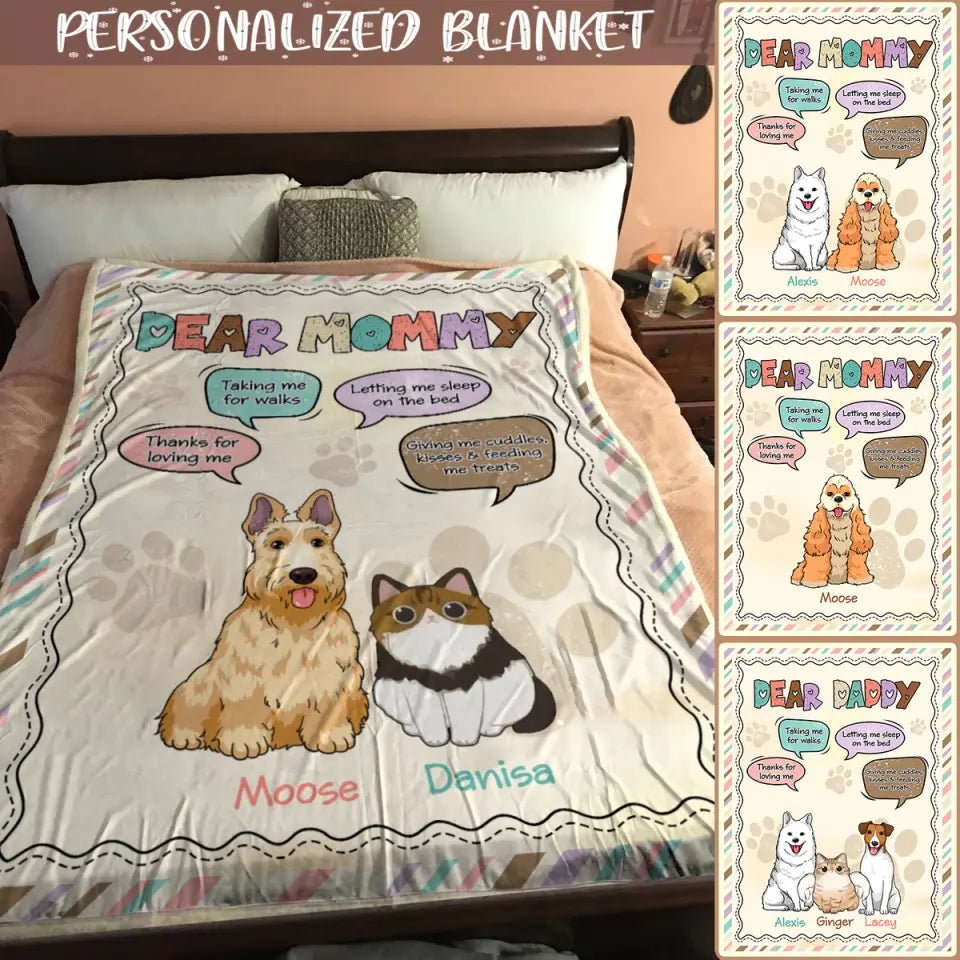 Custom Pet Blankets - Dear Mommy/Dear Daddy Blanket - Custom Dog & Cat Blanket - Blanket Personalized Choose Up to 3 Pets