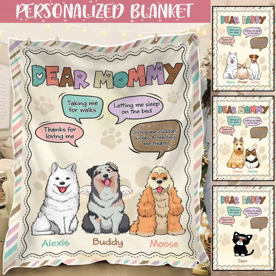Custom Pet Blankets - Dear Mommy/Dear Daddy Blanket - Custom Dog & Cat Blanket - Blanket Personalized Choose Up to 3 Pets