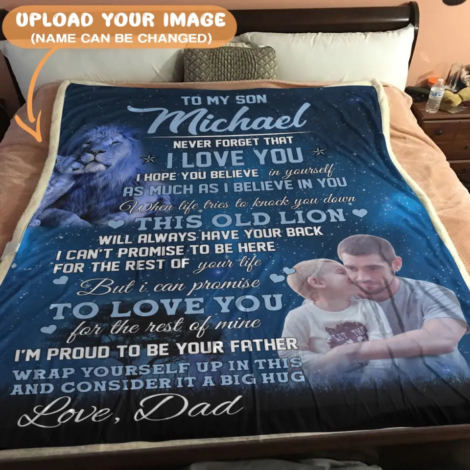 Dad & Son Blanket - Lion & Cub Blanket - Gift For Son - Upload An Picture & Personalized Names