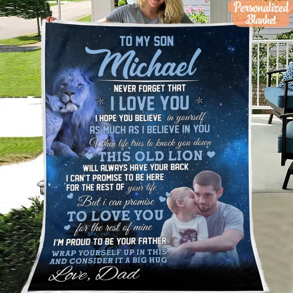 Dad & Son Blanket - Lion & Cub Blanket - Gift For Son - Upload An Picture & Personalized Names
