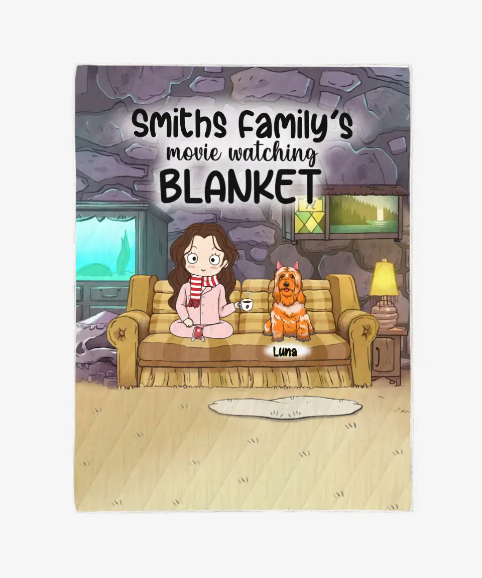 Custom Blanket/Quilt - Personalized Dog Blanket - Movie Watching Blanket Plus - Cat Blanket - Gift For Friends - Chibi Mom/Dad With Up To 5 Pets/Dogs/Cats