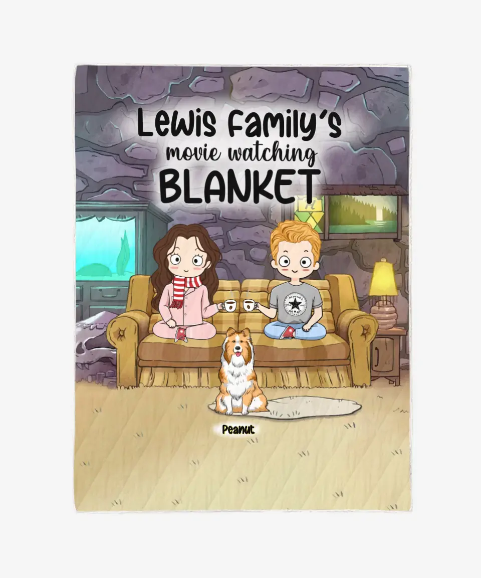 Personalized Dog Blanket - Cat Blanket - Custom Dog Blanket - Chibi Mom/Dad With Up To 5 Pets/Dogs/Cats - Movie Watching Blanket