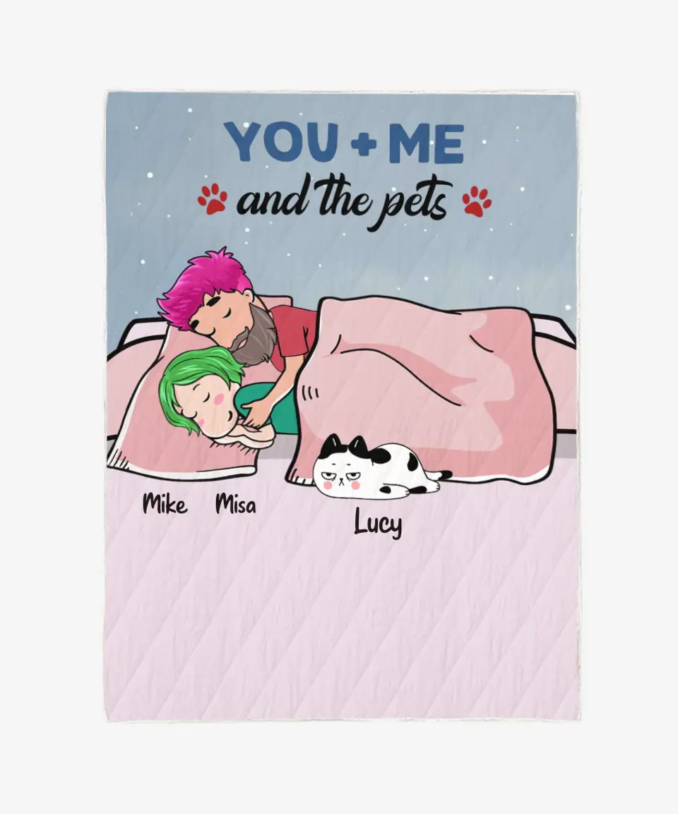 Personalized Blanket For Couples - Dad & Mom With Lazy Pets Blanket - Choose Up To 9 Pets