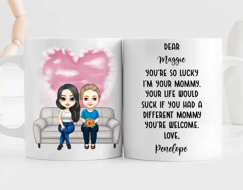 Mother-In-Low & Son/Daughter Mug - Mother-in-law Bride - Mother & Son/Daughter Sit On Sofa Personalized Mug