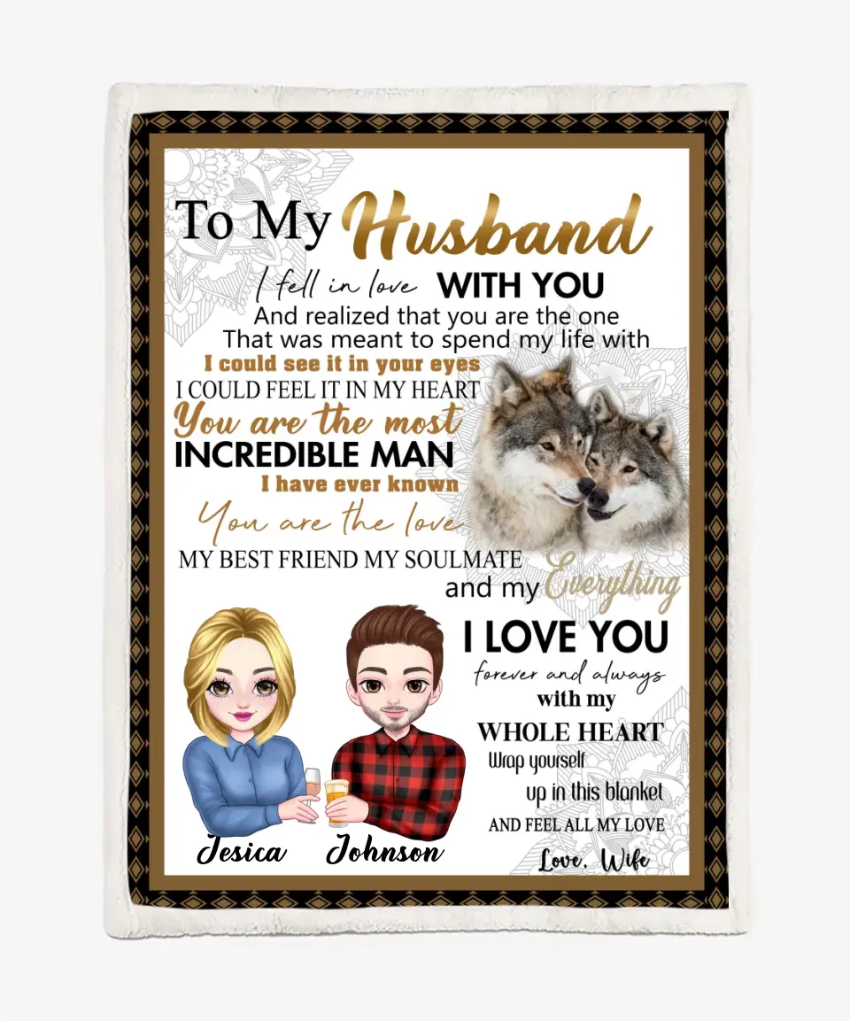 Personalized To My Husband Blanket From Wife - Wolf Couple Blanket - Chibi Husband And Wife Custom Name Blanket