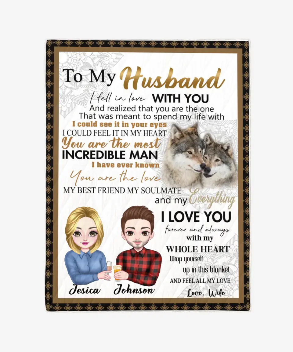 Personalized To My Husband Blanket From Wife - Wolf Couple Blanket - Chibi Husband And Wife Custom Name Blanket