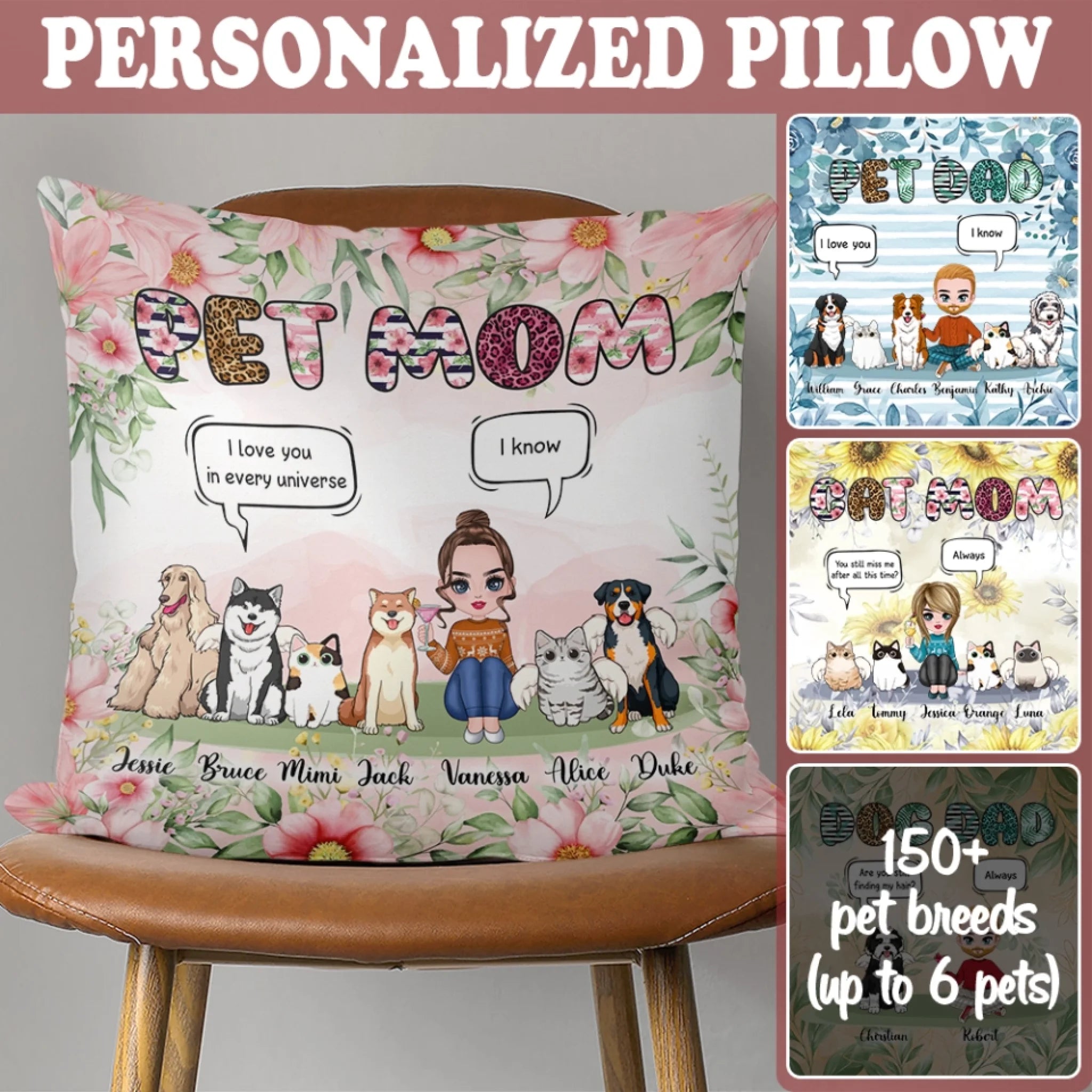 Custom Dad Mom Pets Pillow - Personalized Name Pillow - Gift For Pets Lover