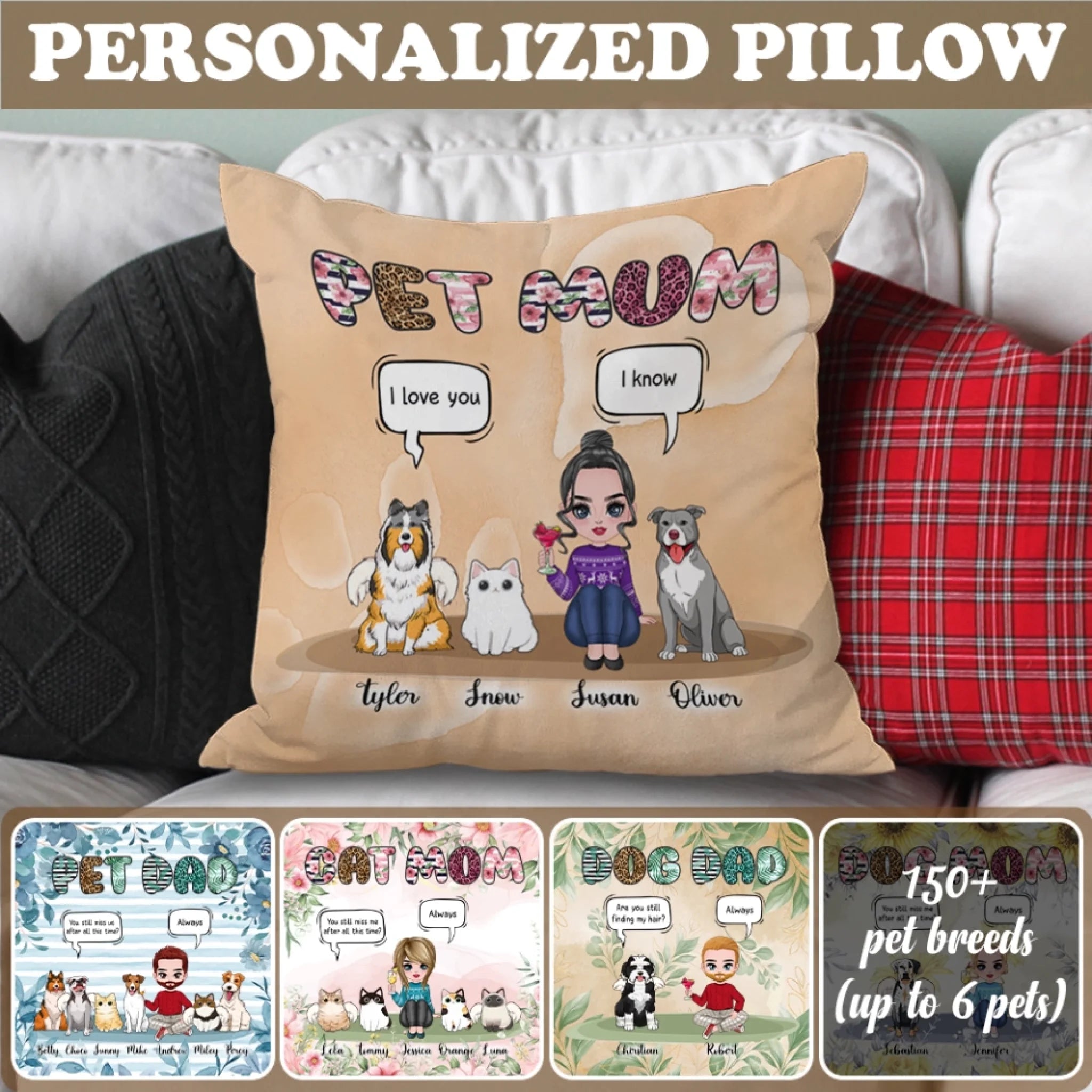 Custom Dad Mom Pets Pillow - Personalized Name Pillow - Gift For Pets Lover