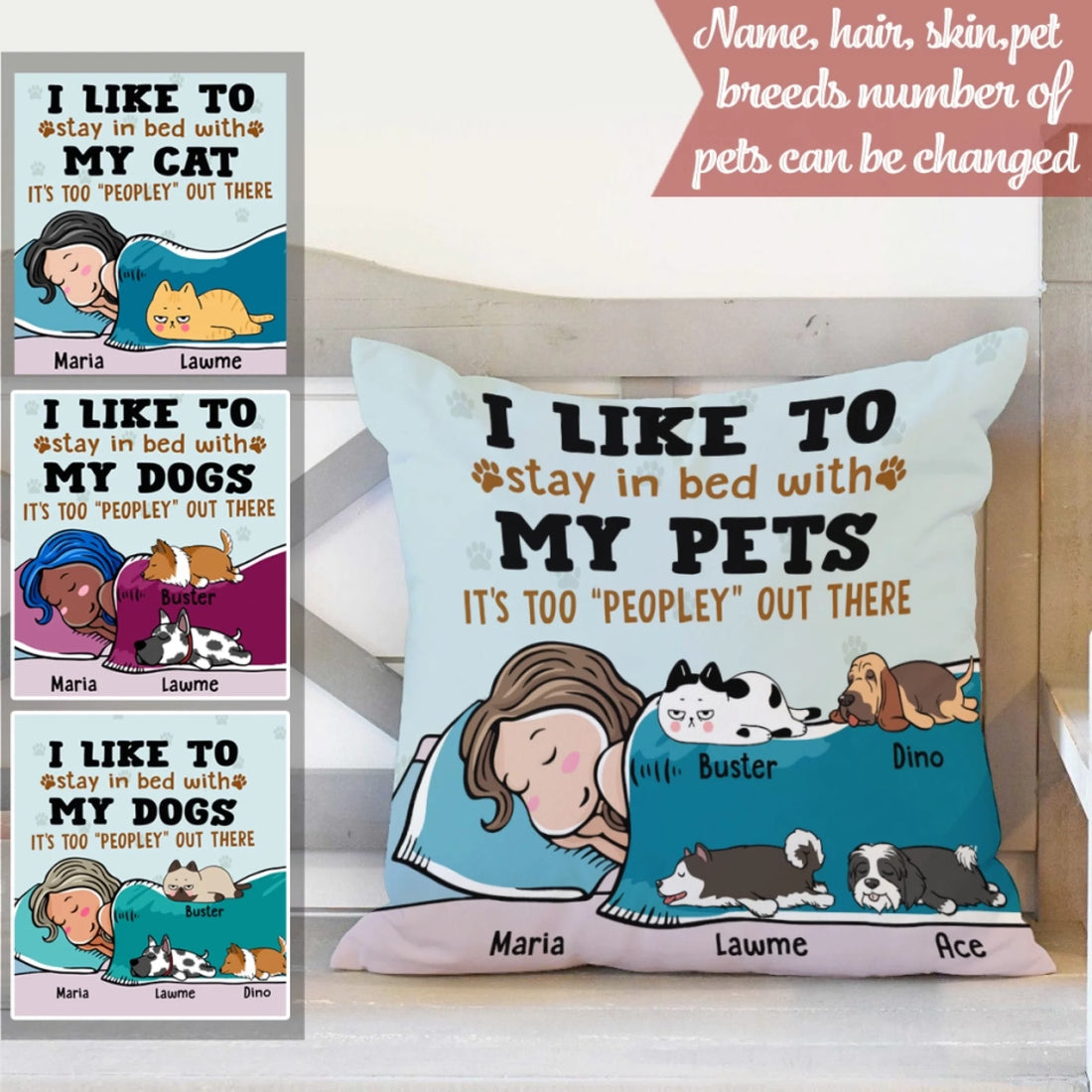 Personalized Pillow for Pet Lovers - Dad/Mom with Lazy Pets - Custom Names/Pets Breed/Person