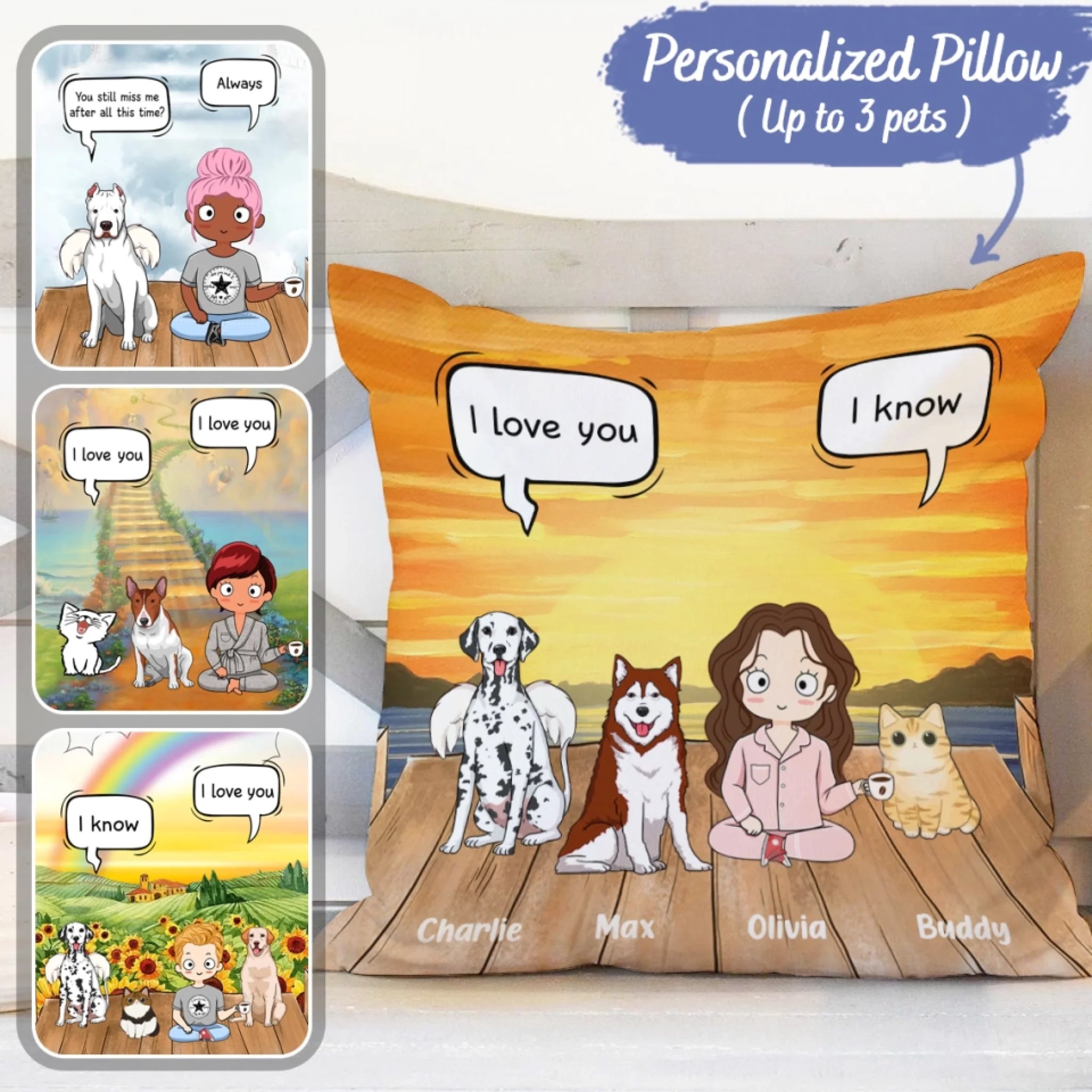 Custom Dog Pillow - Dog Pillow - Cat Pillow - Personalized Name Pillow - Up To 3 Pets/Dogs/Cats - Chibi Dad & Mom
