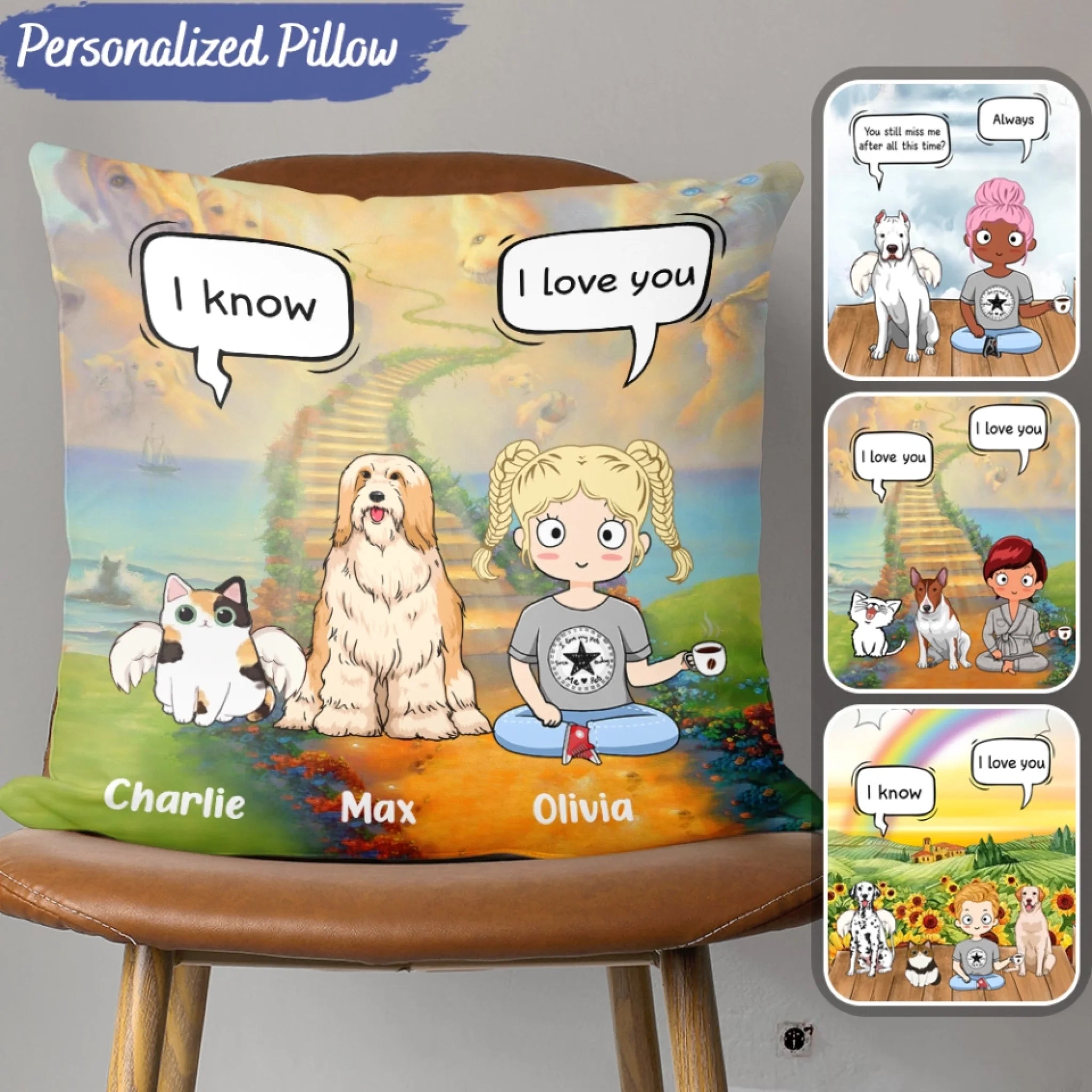 Custom Dog Pillow - Dog Pillow - Cat Pillow - Personalized Name Pillow - Up To 3 Pets/Dogs/Cats - Chibi Dad & Mom