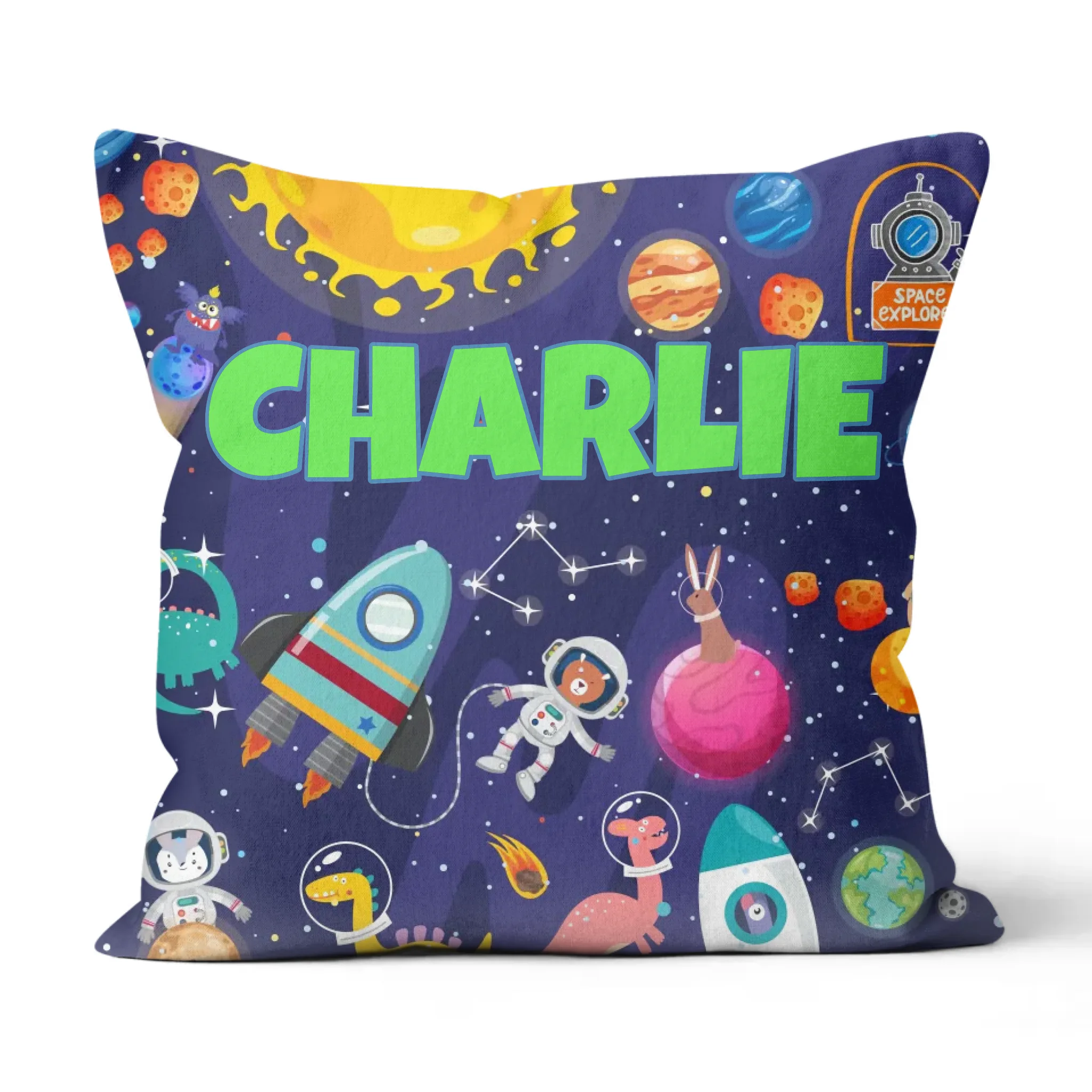 Space Explorer Pillow Personalized – Custom Name Gift for Kids, Galaxy Design Cushion