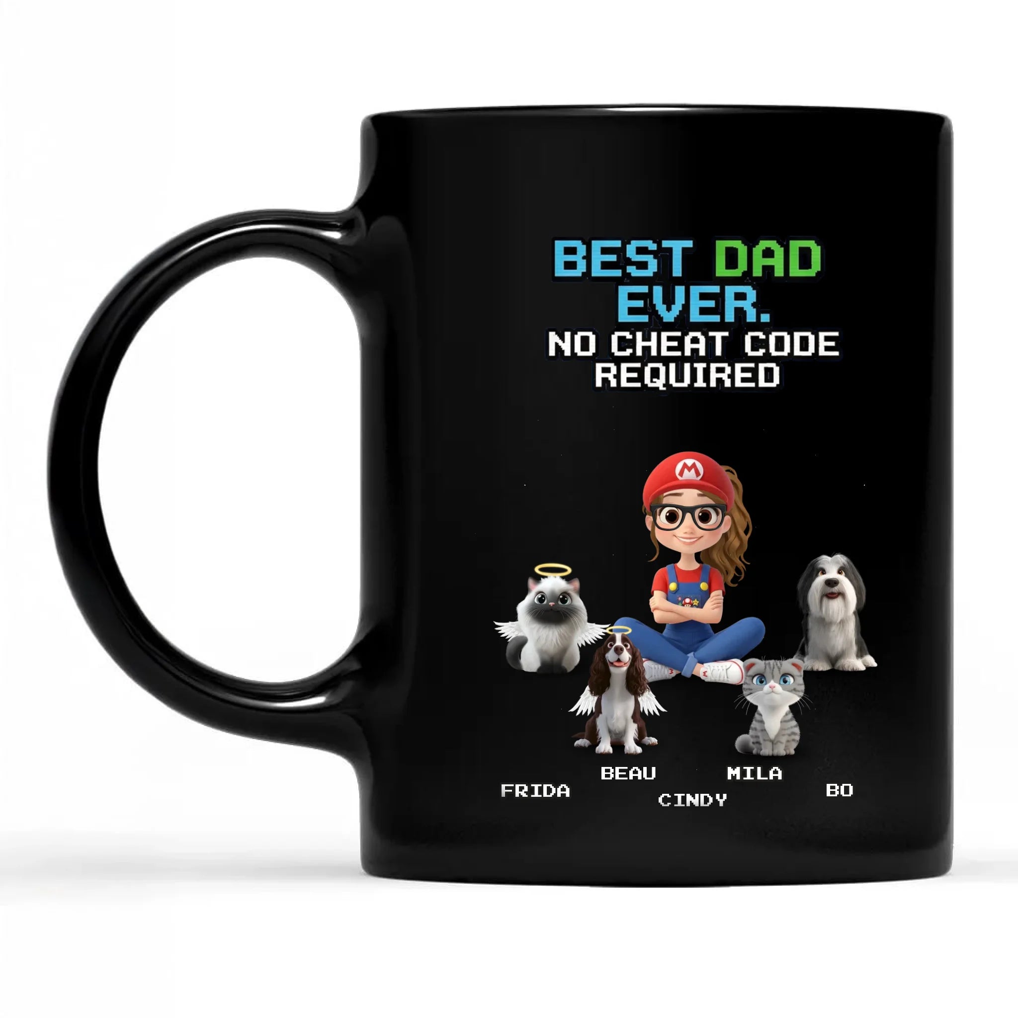 Mug Family - Super Mommio, Super Daddio & Kids, Pet - Custom Mug, For 1 People up to 4 Pets. A gift for pet-loving families.