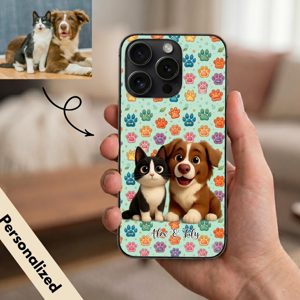 Upload Image to 3D Cute Style- 2D Background - Dog / Cat - Personalized Custom Phone Case