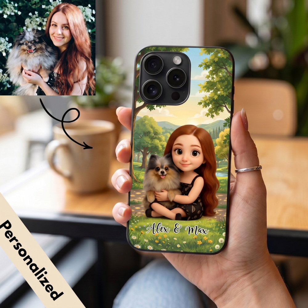 Upload Image to 3D Cute Style- OutDoor Background - Dog / Cat And Mom - Personalized Custom Phone Case