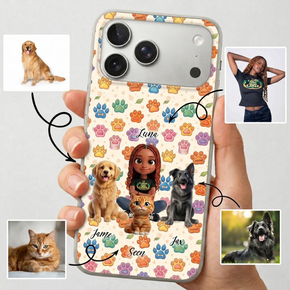 Upload Image to 3D Cute Style - Dog / Cat & Mom Personalized Custom Phone Case - Up to 4 images