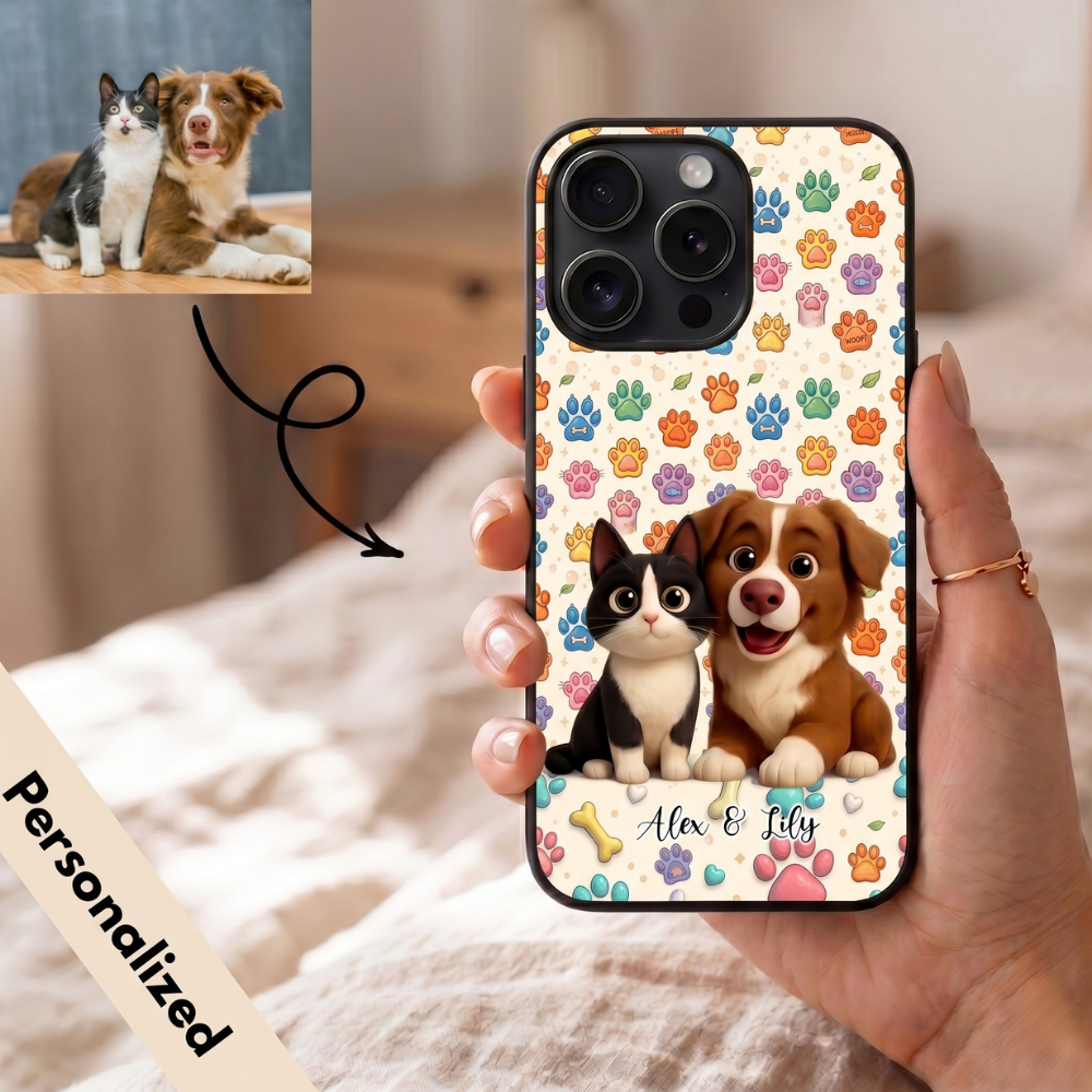 Upload Image to 3D Cute Style- 2D Pattern Background - Dog / Cat - Personalized Custom Phone Case - Up to 3 images