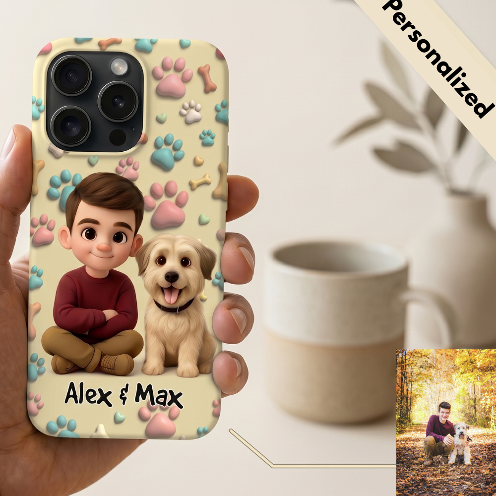 Upload Image to 3D Cute Style - Dog/Cat And Dad  - Personalized Custom Phone Case