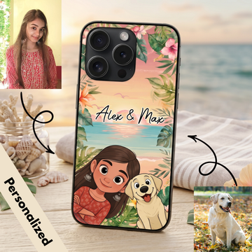 Upload Image to 2D Cute Style- Beach Background - Dog / Cat And Mom - Personalized Custom Phone Case