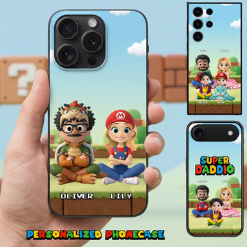 Phone case Family. Super Mommio & Super Daddio & Kids. Up to 3 Kids. Personalized Custom Phone Case