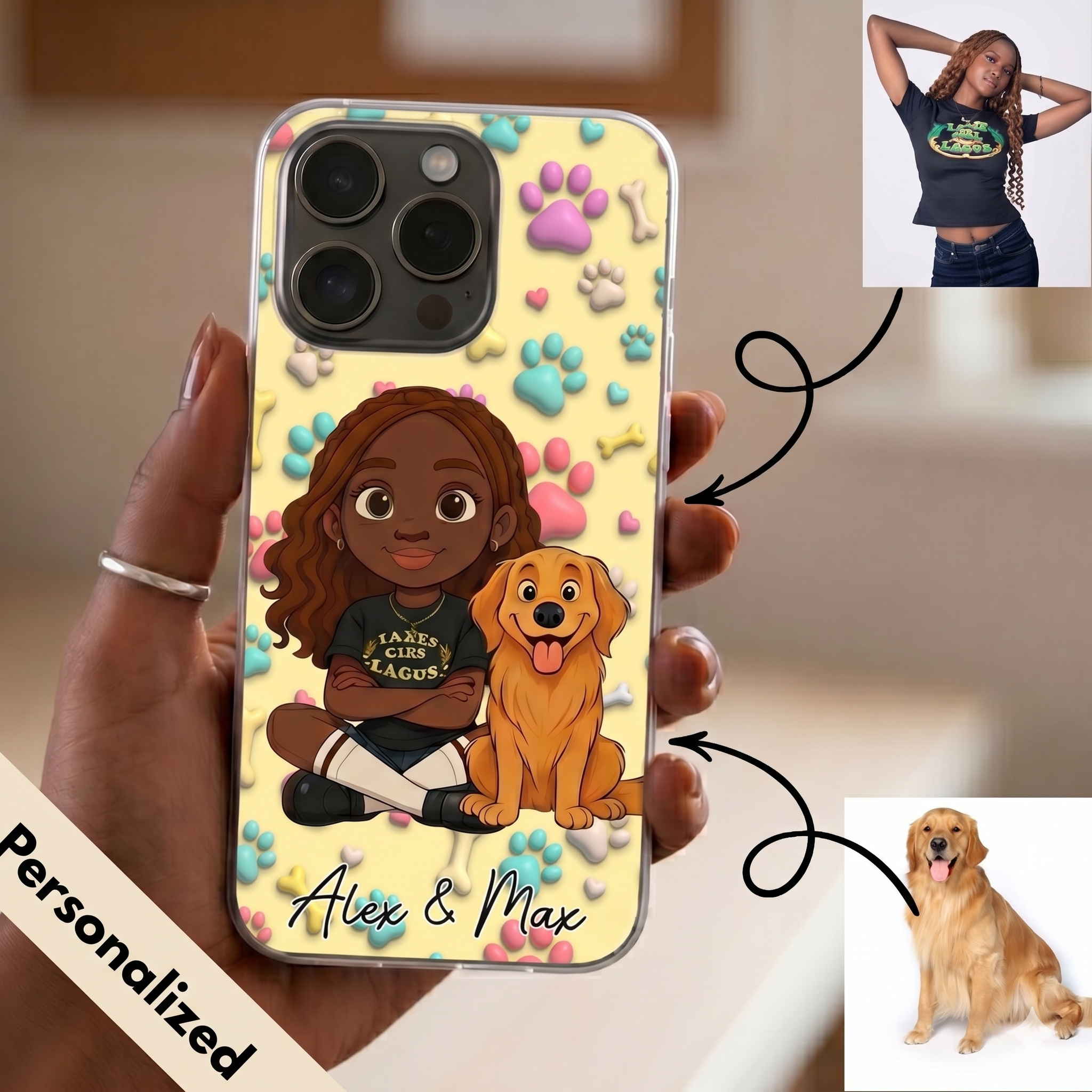 Upload Image to 2D Cute Style- 3D Pattern Background - Dog / Cat And Mom - Personalized Custom Phone Case