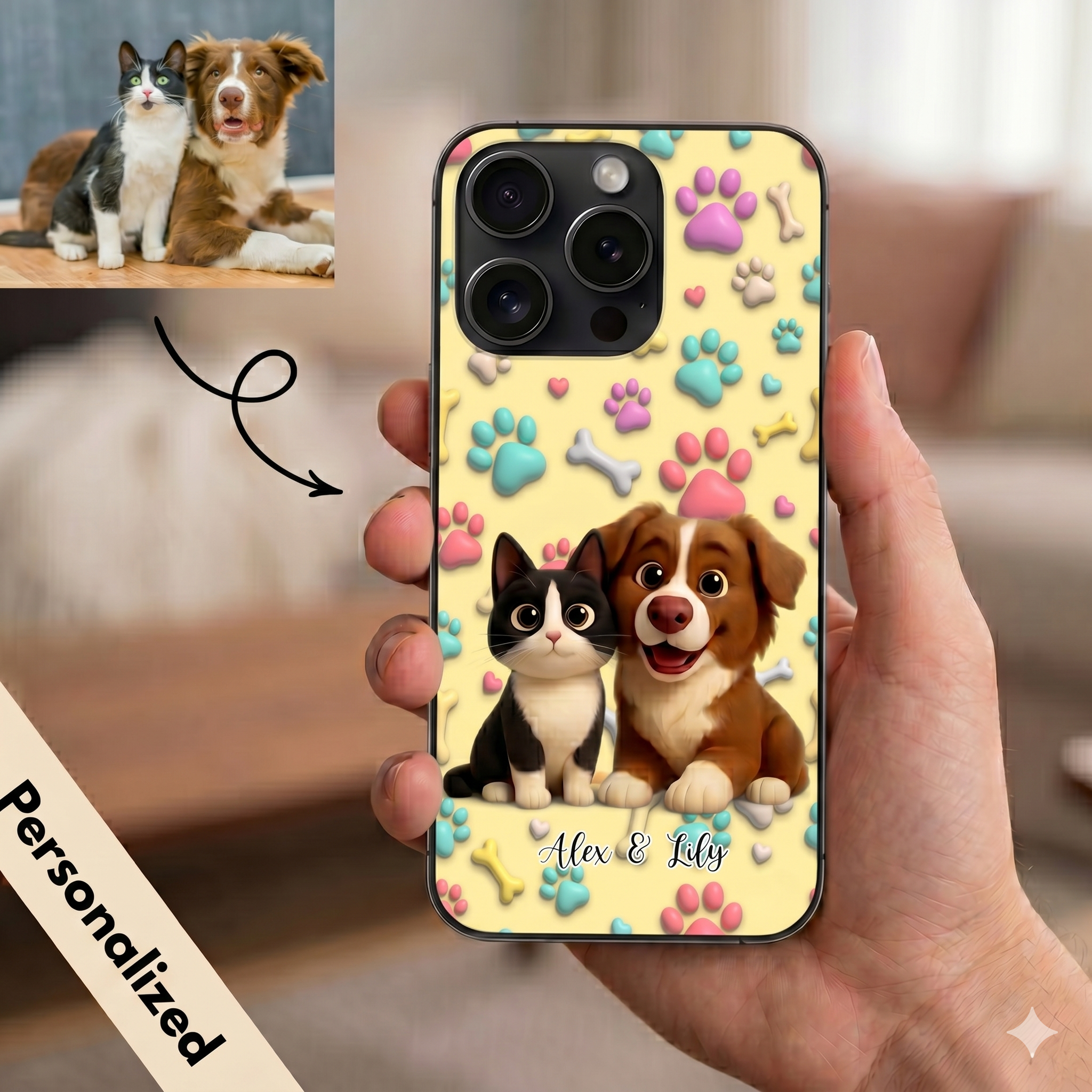 Upload Image to 3D Cute Style- 3D Background - Dog / Cat - Personalized Custom Phone Case