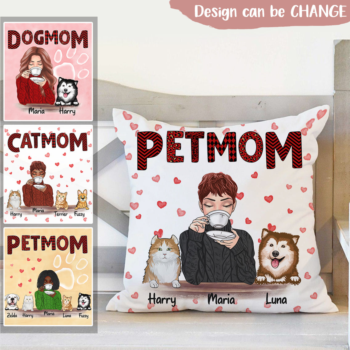 Personalized Pillow for Family/Pet Lovers - Unique Gift Custom Names/Pets breed/Person Pet Mom