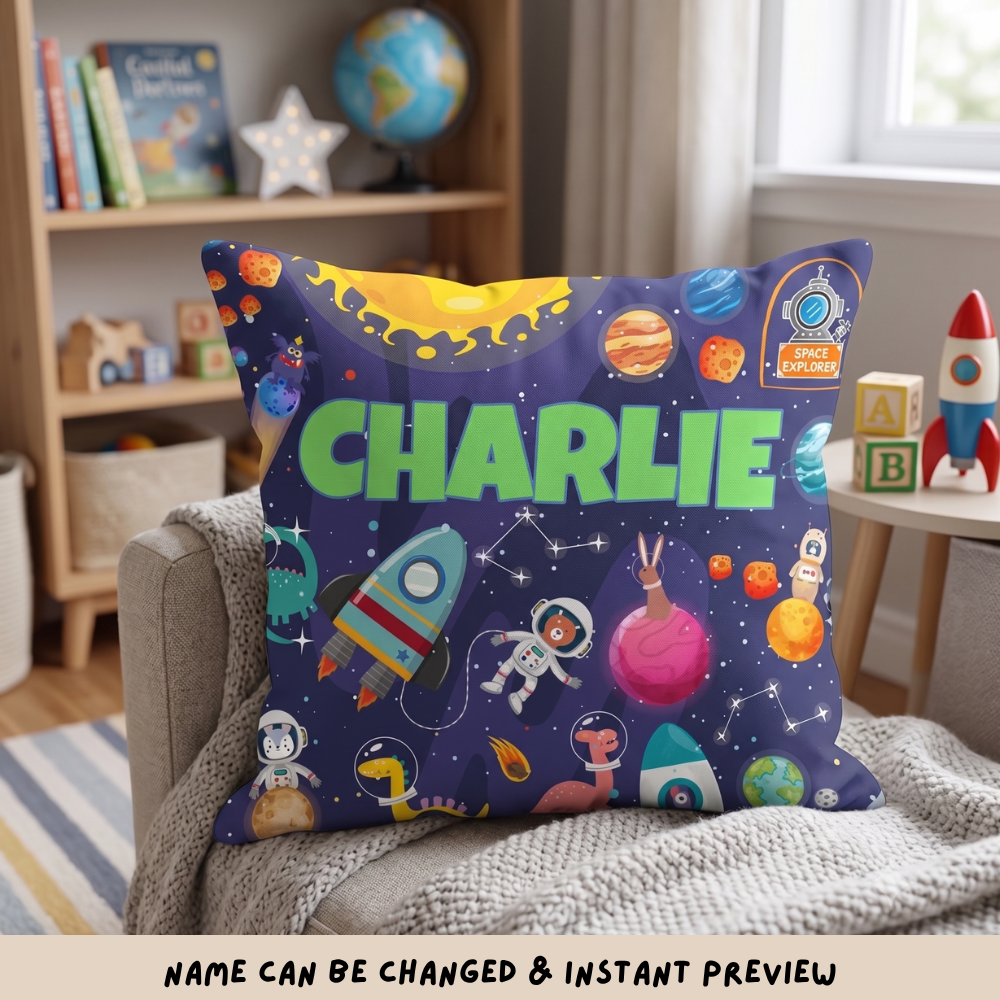 Space Explorer Pillow Personalized – Custom Name Gift for Kids, Galaxy Design Cushion