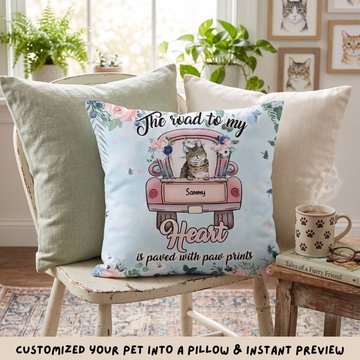 Personalized Pillow for Pet Lovers - Pet Face - The road to Heart is paved with paw prints - Choose up to 5 Pets /Dogs/ Cats (Print on both sides)